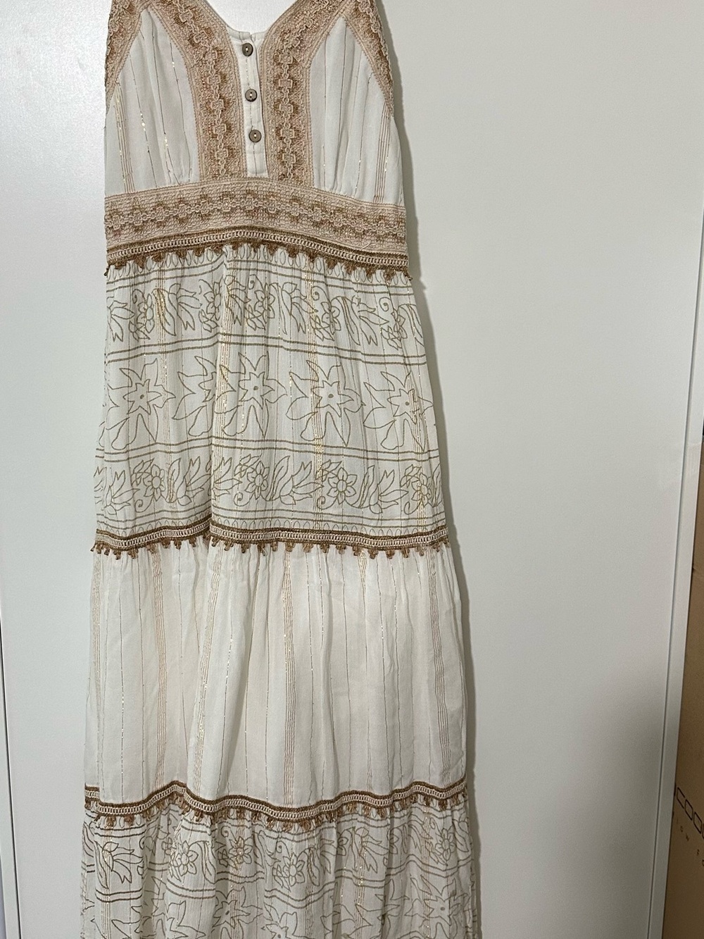 Boho Eyelet Midi Dress in Ivory and Tan